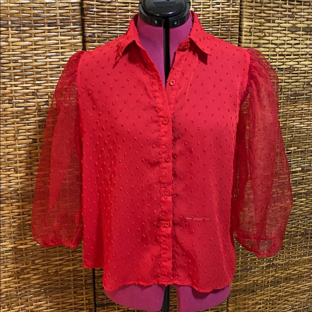 EUC Vivid Red, sheer Swiss button up blouse Top shirt, S